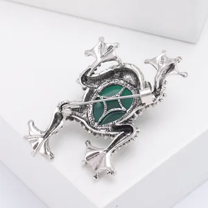 Detailansicht der Rückseite einer Vintage-Froschbrosche mit grünem Emaille-Stein