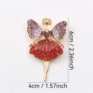 Sparkling ballerina girl angel brooch with red rhinestones and 6cm x 4cm size details