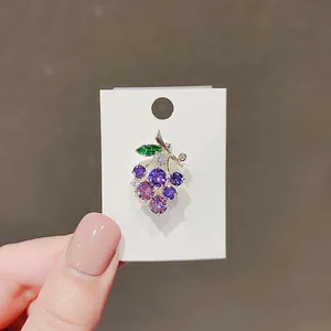 Exquisite purple crystal grape brooch pin with green leaf accents for women