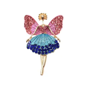 Elegant ballet girl angel brooch with pink and blue rhinestones on a gold-tone base