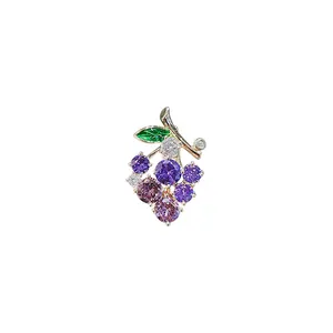Exquisite purple grape brooch pin with sparkling cubic zirconia and green leaf detail