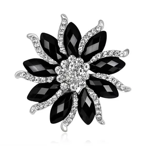 Elegant black flower brooch with sparkling rhinestones and alloy silver finish for women.