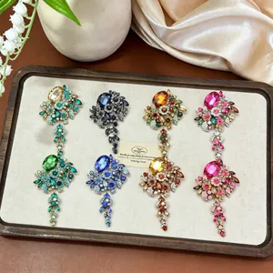 Vintage Alloy Rhinestone Tassel Brooch For Women Exaggerated Floral Glass Stone Brooch Pin Luxury Banquet Jewelry Accessory