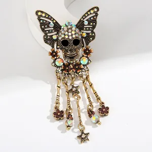 Vintage Gothic Totenkopf Schmetterling Quaste Brosche Legierung Bunte Strass Nadel Halloween Punk Schmuck Für Damen Herren