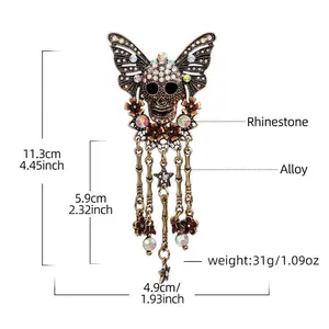 Vintage Gothic Totenkopf Schmetterling Quastenbrosche mit Strass für Halloween