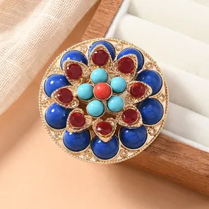 Exquisite vintage ethnic lotus brooch with turquoise and colorful stones in gold alloy