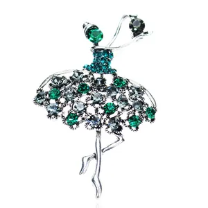 Elegant ballet dancer brooch with green rhinestones in vintage silver alloy finish