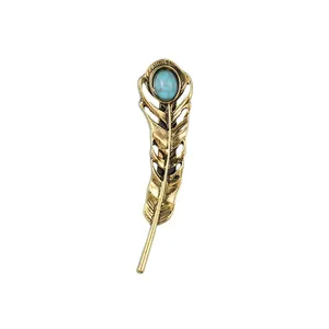 Vintage hollow feather brooch with turquoise stone for shirts and jackets