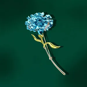 Elegant blue carnation flower brooch with golden stem and leaves for women fashion