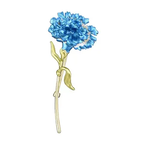 Elegant blue carnation flower brooch pin for women with gold stem design detailing