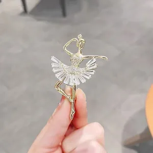 Elegant gold-tone ballet dancer brooch adorned with sparkling crystals for suits and coats.