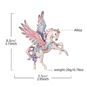 Detail view of colorful enamel Pegasus brooch with size and weight measurements