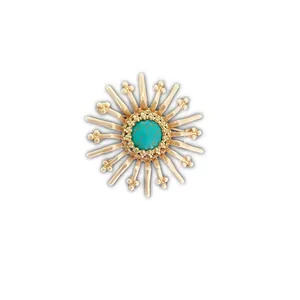 Exquisite vintage Baroque sunburst brooch in matte gold finish with center turquoise stone