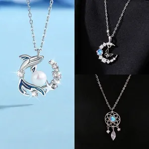Elegante zilveren walvisparel, maanvlinder en dromenvanger hanger ketting set voor dames