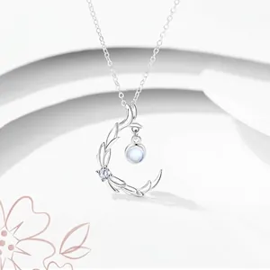 Ancient Style Moon Pendant Necklace For Women Alloy Rhinestone Synthetic Moonstone Ethereal Silver Tone Clavicle Chain Jewelry Gift