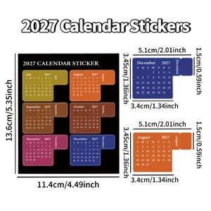 Dimensioni dettagliate per gli adesivi indice del calendario mensile 2027 in cm e pollici.