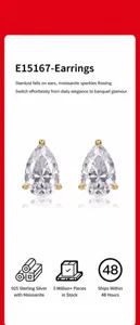 Close-up of pear-shaped moissanite stud earrings in 925 silver with gold plating