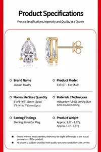 Detailed specifications for 925 sterling silver gold plated pear-shaped Moissanite earrings
