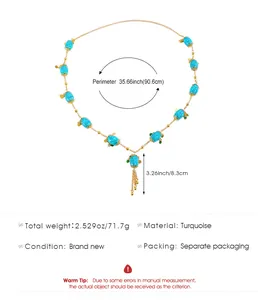 Detailed specifications of Bohemian long turquoise beaded necklace with gold tassel