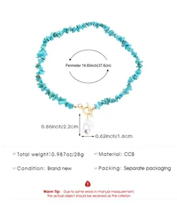 Detailed view of bohemian turquoise stone necklace with white pearl pendant size info