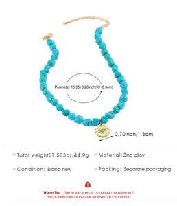 Detailed view of bohemian turquoise bead necklace with specific size measurements