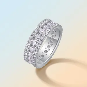 Elegant S925 sterling silver moissanite eternity ring with three rows of sparkling stones