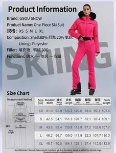 Detaillierte Produktinformationen und Größentabelle für pinkfarbenen Damen-Skianzug.