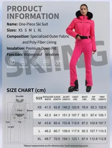 Detailed product information and size chart for women's pink one-piece ski suit.