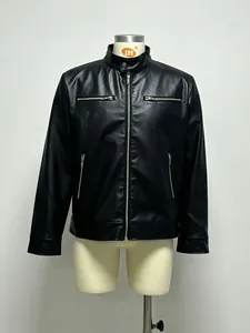 Front view of black men's PU leather biker jacket with stand collar and zip pockets