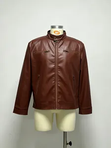 Front view detail of a men's brown stand-collar PU leather motorcycle jacket