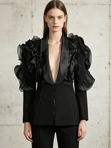 Damen Mode Sexy Tiefer V-Ausschnitt Blazer Jacke Mit Rüschen 3D Spleißen Design Runway Stil Schwarz Maßgeschneiderter Mantel