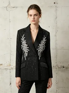 Veste Blazer Strass pour Femmes Double Boutonnage Revers Coupe Décontractée Manches Longues Polyester Streetwear Top