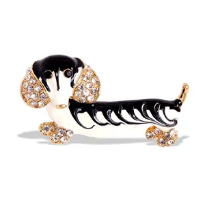 Eleganter Dackel-Hund-Brosche mit schwarz-weißem Emaille und klaren Kristallsteinen