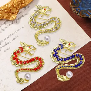 Chinesischer Stil Gold Legierung Drache Brosche Mit Strass Und Künstliche Perle Große Anzug Reversnadel Für Damen Herren Schmuck