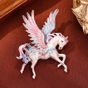 Elegant colorful oil-painted Pegasus winged horse brooch pin with intricate wing details.