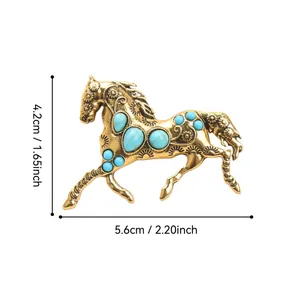 Detailed size chart for a vintage gold-toned horse brooch with turquoise blue stone inlays.