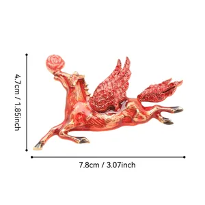 Vintage red enamel Pegasus brooch featuring sparkling rhinestones, size 7.8cm x 4.7cm