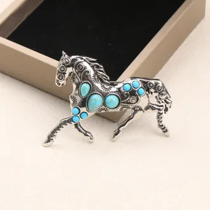 Vintage Alloy Running Horse Brooch Pin Retro Imitation Turquoise Animal Lapel Pin Jewelry Accessory For Coat Dress Women Men