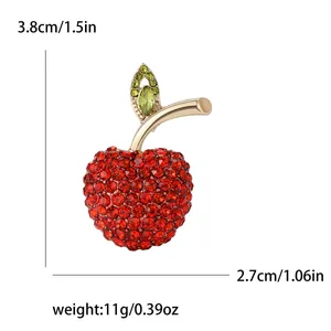 Sparkling red apple brooch pin with green leaf and gold stem product dimensions