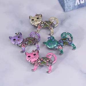 Spilla Gatto Vintage in Lega Strass Smalto Floreale Gatto Pin Accessorio Corsage Popolare per Moda Donna Regalo Gioielli