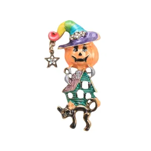 Vintage Halloween pumpkin and black cat brooch pin with colorful wizard hat and star