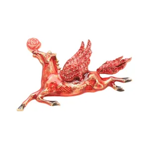 Elegant vintage red Pegasus flying horse brooch with red rhinestones and enamel rose