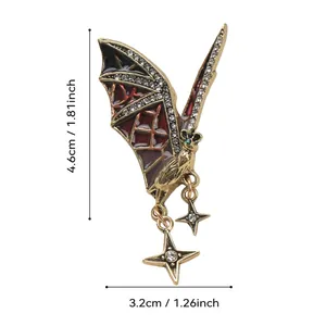 Detailed dimension view of vintage bat brooch with rhinestones and hanging stars