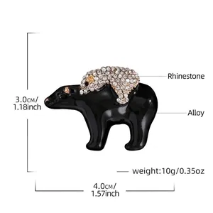 Eleganter schwarzer Emaille-Bären-Brosche mit glitzernden Strasssteinen und Maßen