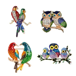 Creative Double Bird Owl Brooch Alloy Enamel Rhinestone Animal Pin European American Fashion Clothing Jewelry Accessory