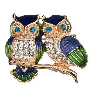 Close-up detail of a creative enamel owl brooch with sparkling blue and green rhinestones.