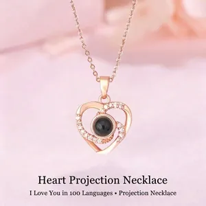 Elegant rose gold heart projection necklace with 100 languages I love you stone gift