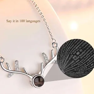 Detailopname van de zilveren hertenketting met Ik Hou Van Jou 100 talen projectie