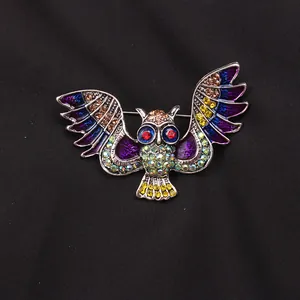 Detailopname van een vintage uilenbroche met kleurrijke strass-steentjes en email