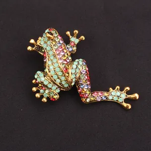 Detailopname van een vintage kikkerbroche met kleurrijke strass-steentjes op zwart
